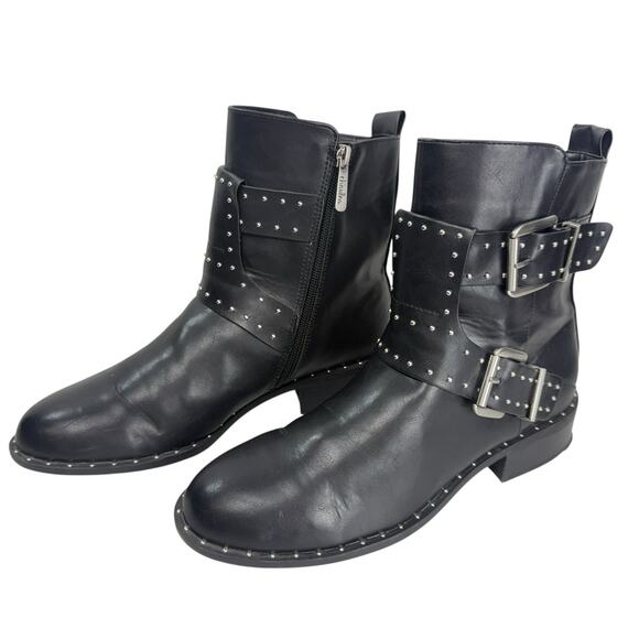 Charles David Tupper Black Vegan Leather Studded Short Hardware Moto Biker Boots - Picture 1 of 9